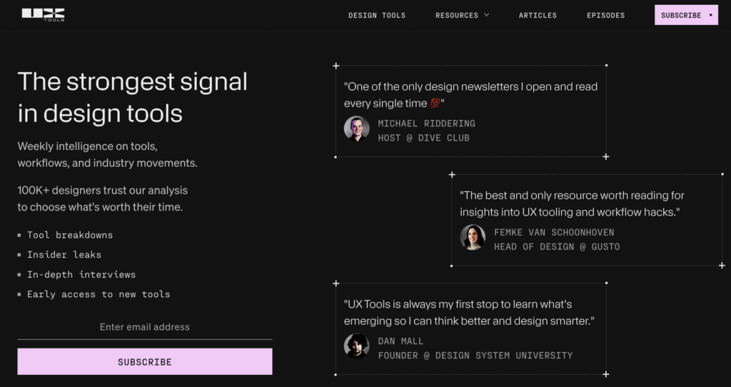 UX Tools Newsletter landing page