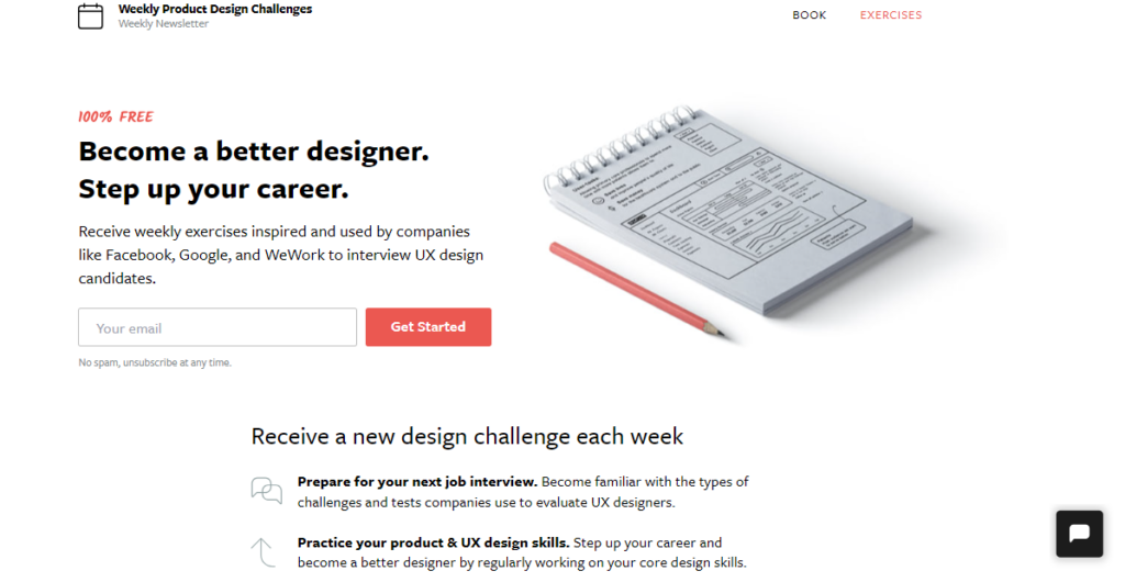 Website screenshot of the Weekly Product Design Challenges newsletter