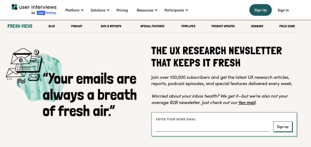 Screenshot der Anmeldeseite des Fresh-Views-Newsletters
