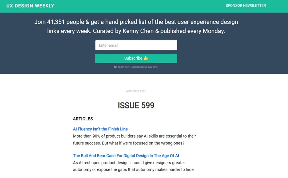 Die Anmeldeseite und eine Beispielausgabe von UX-Design-Wöchentlich
