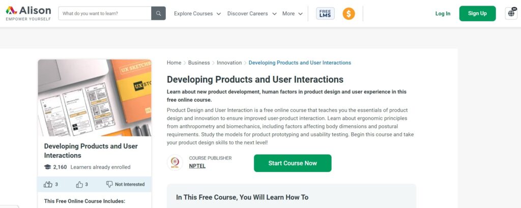 Developing Products and User Interactions course landing page