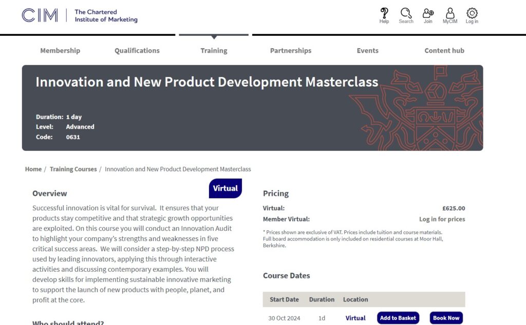 Innovation and New Product Development Masterclass course landing page screenshot