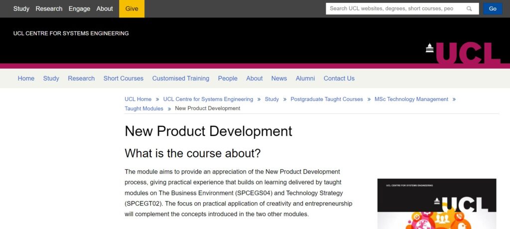 New Product Development course page screenshot