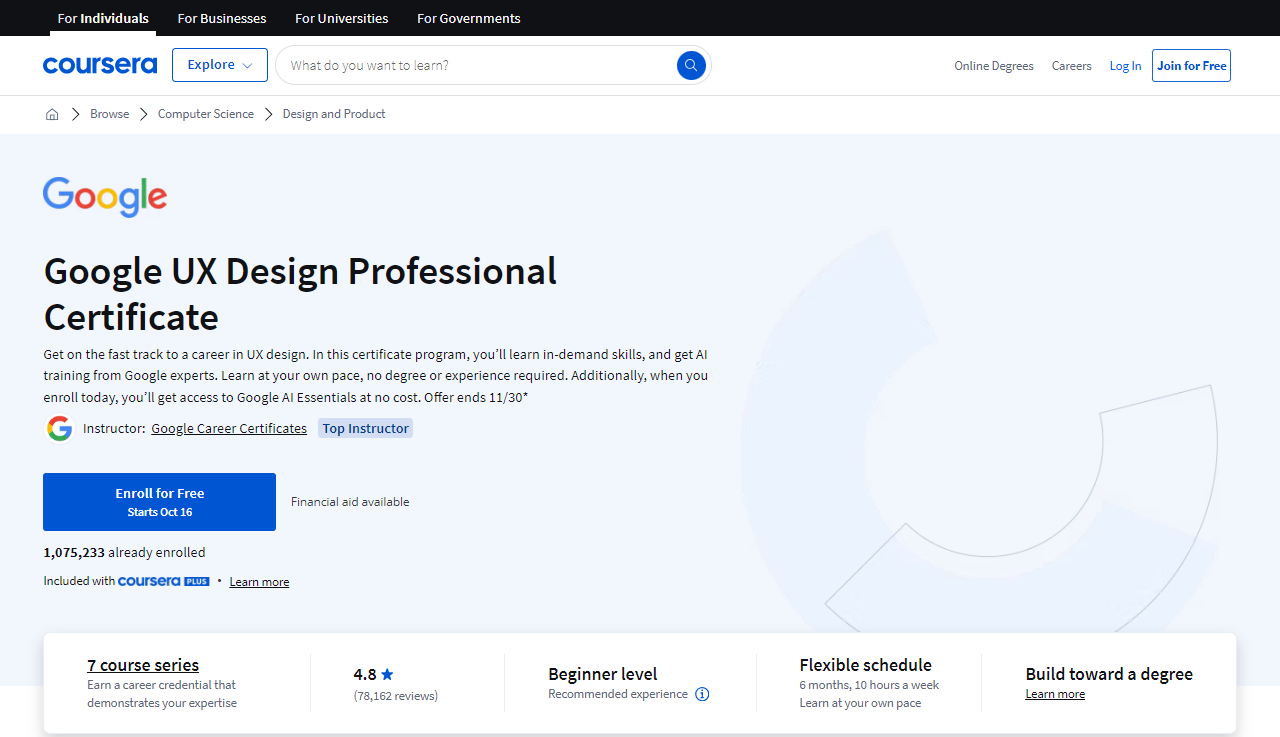 Google UX Design Professional Certificate, a Product Design course