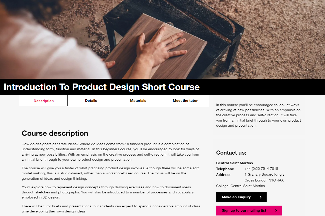 Introduction To Product Design Short Course landing page