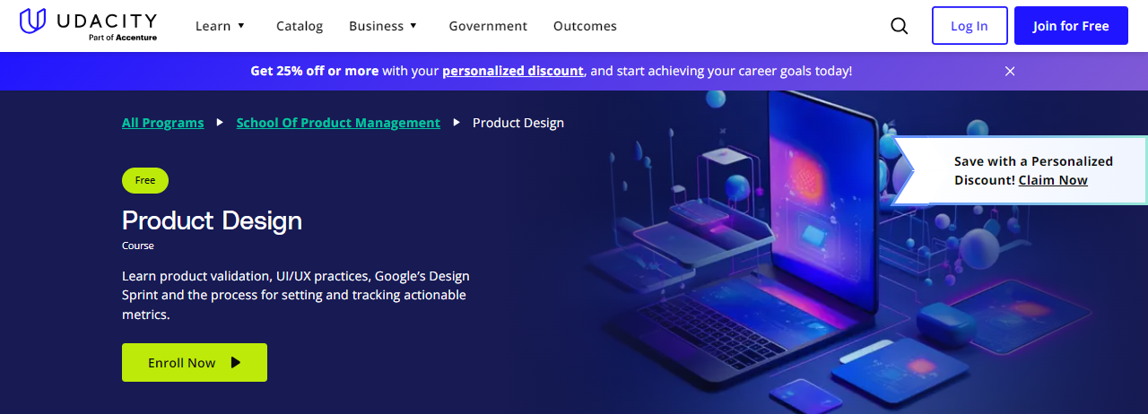 Screenshot of the landing page for Product Design course