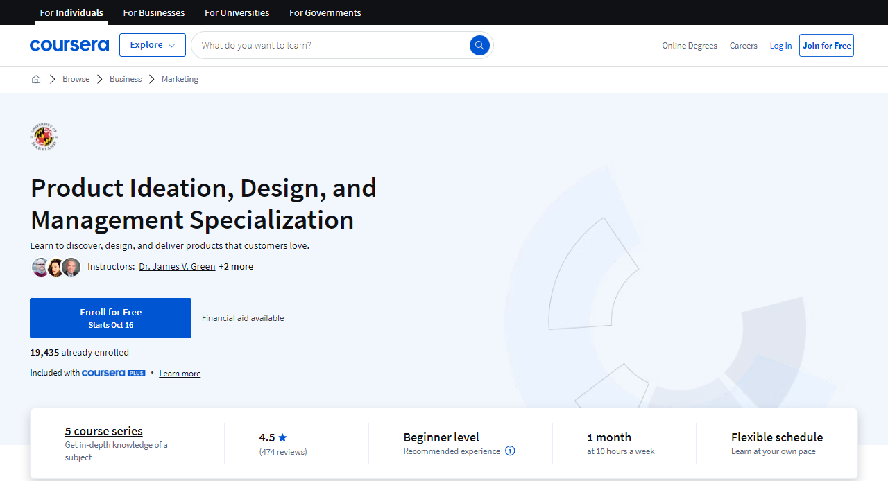 Product Ideation, Design, and Management Specialization course landing page