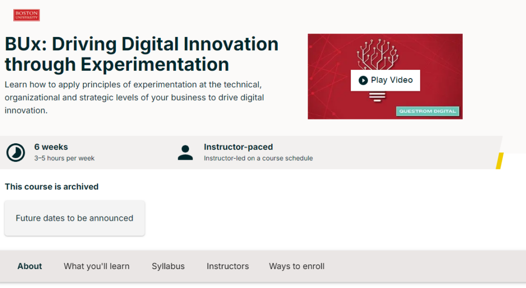 screenshot of product innovation courses Driving Digital Innovation through Experimentation course