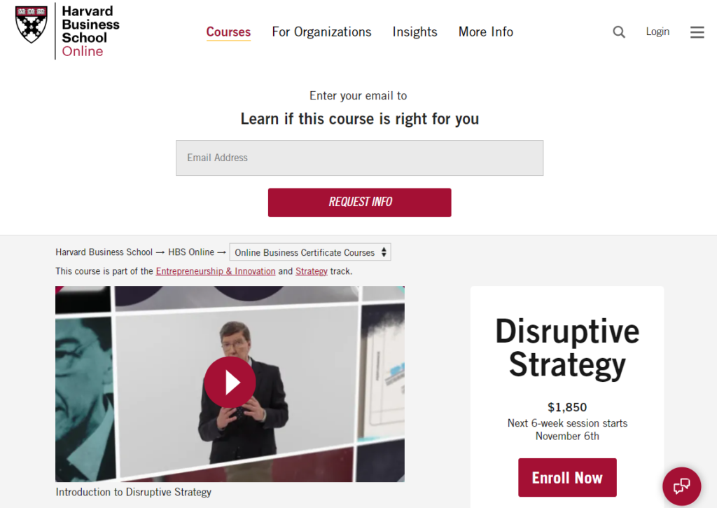 screenshot of product innovation courses disruptive strategy