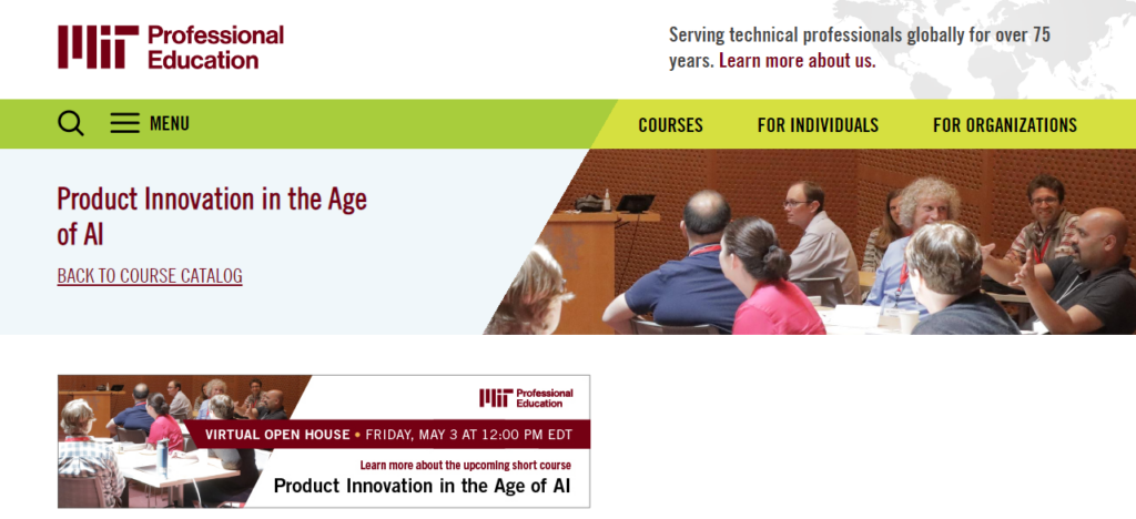 screenshot of product innovation courses in the age of AI course