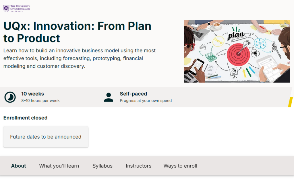 screenshot of product innovation courses innovation from plan to product course