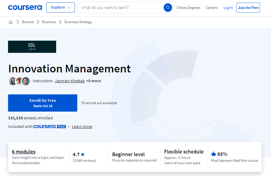 screenshot of product innovation courses innovation management course