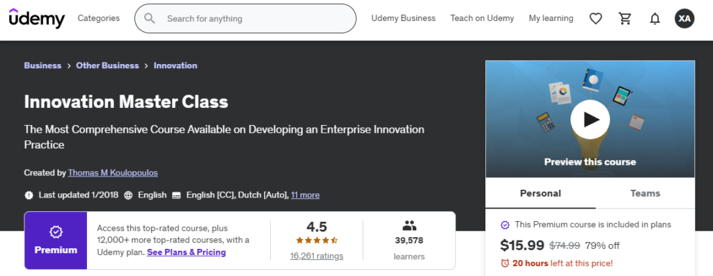 screenshot of product innovation courses innovation master class course