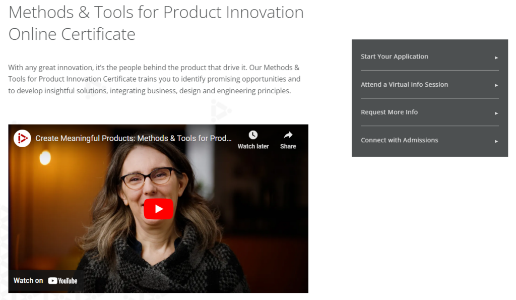 screenshot of product innovation courses methods & tools for product Innovation online certificate course