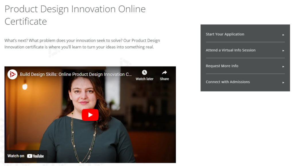 screenshot of product innovation courses product design innovation online certificate course