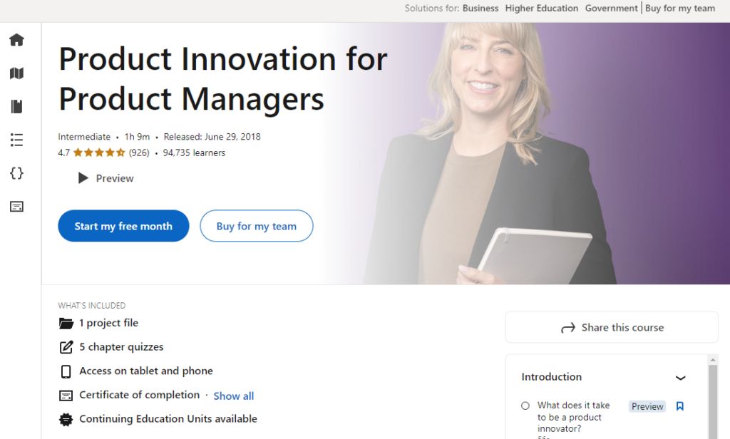 screenshot of product innovation courses product innovation for product managers course