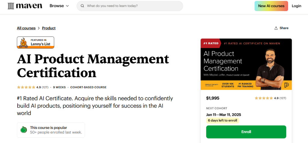 A screenshot of the landing page of the AI Product Management Certification