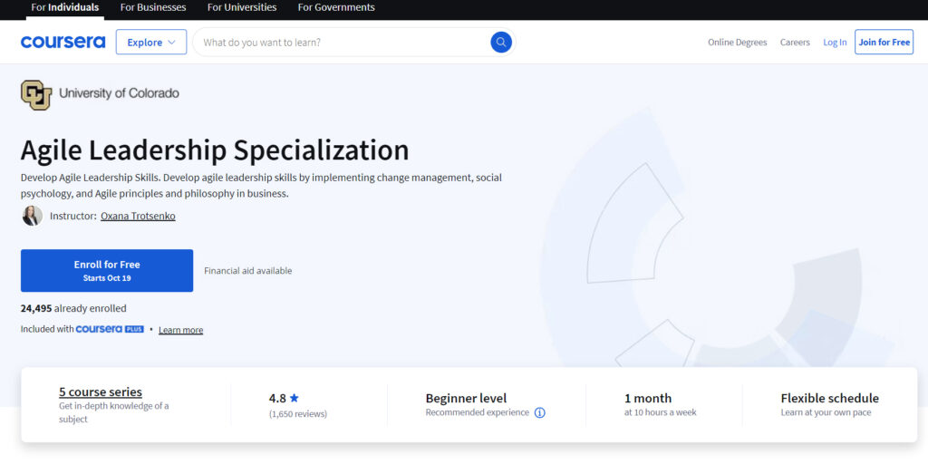 Agile Leadership Specialization landing page screenshot