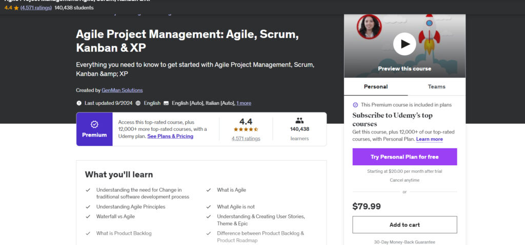 Agile Project Management: Agile, Scrum, Kanban & XP course page screenshot