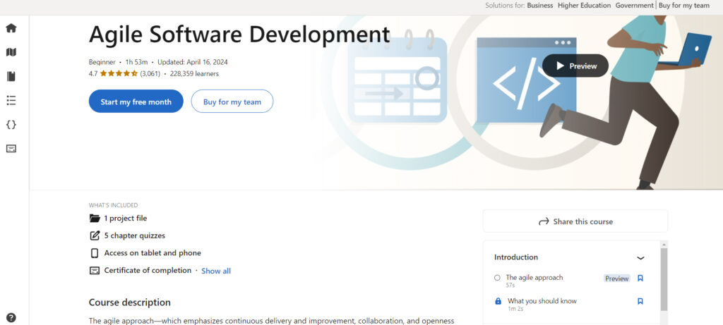 Agile Software Development course page screenshot