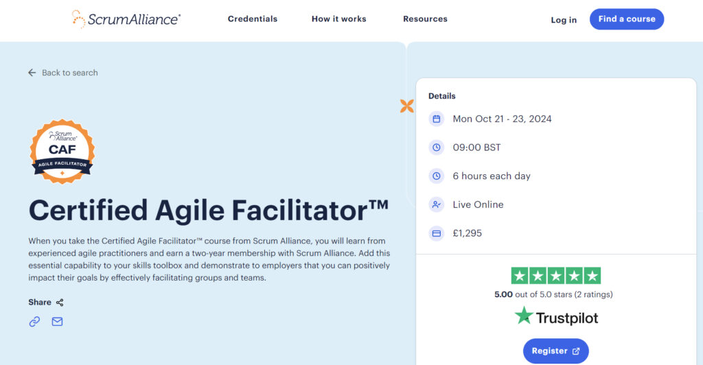 Course page screenshot of Certified Agile Facilitator