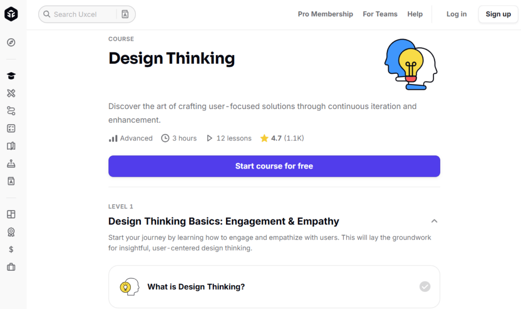 Design Thinking UXcel screenshot of course page