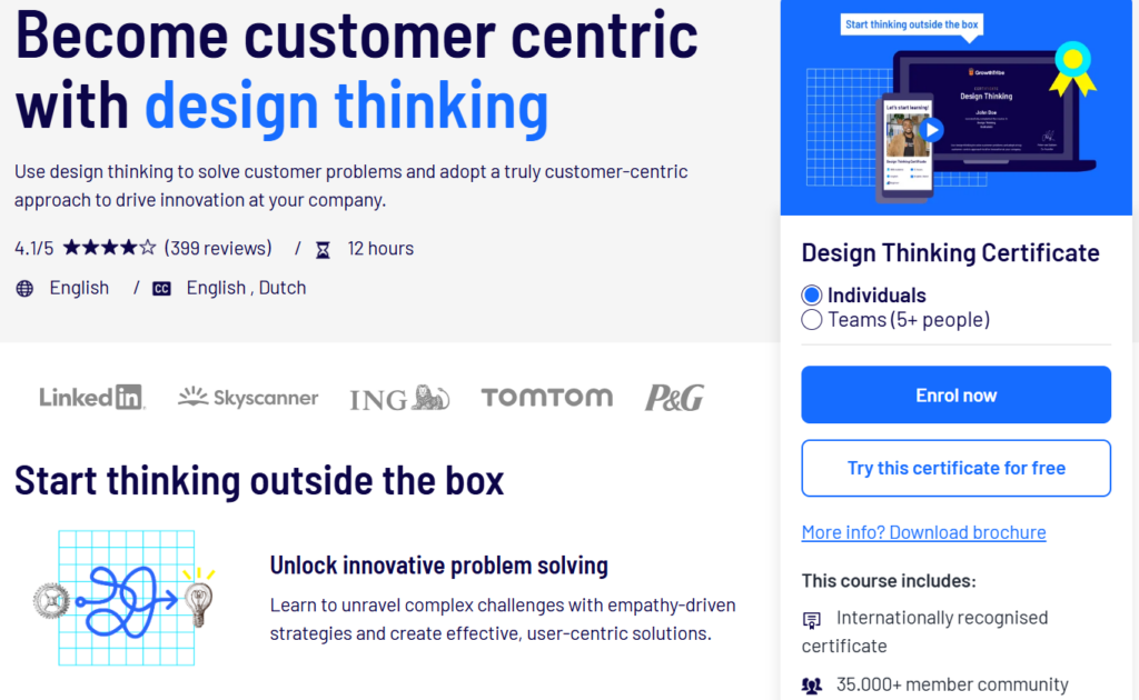 Screenshot of Design Thinking Certificate landing page