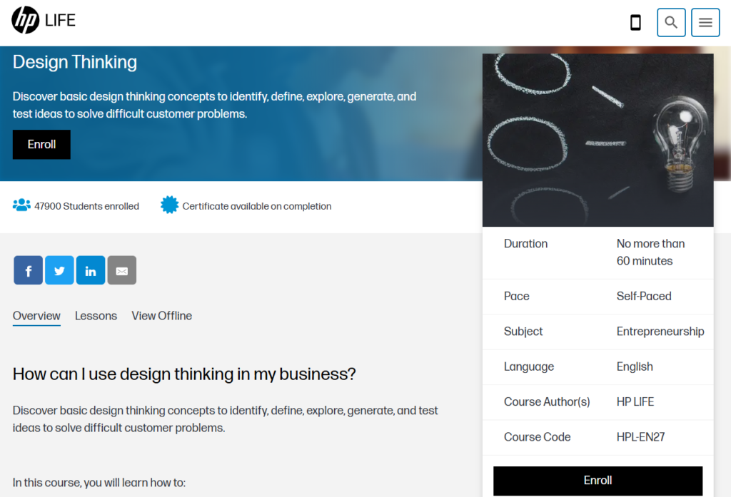 Screenshot of Design Thinking course page