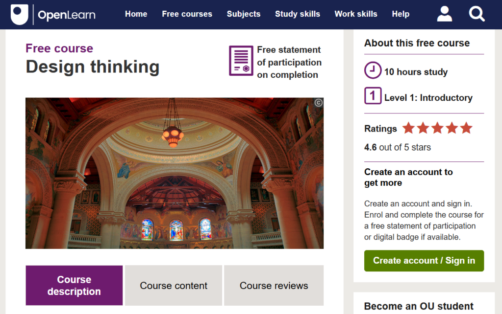Design Thinking-Open University course page screenshot