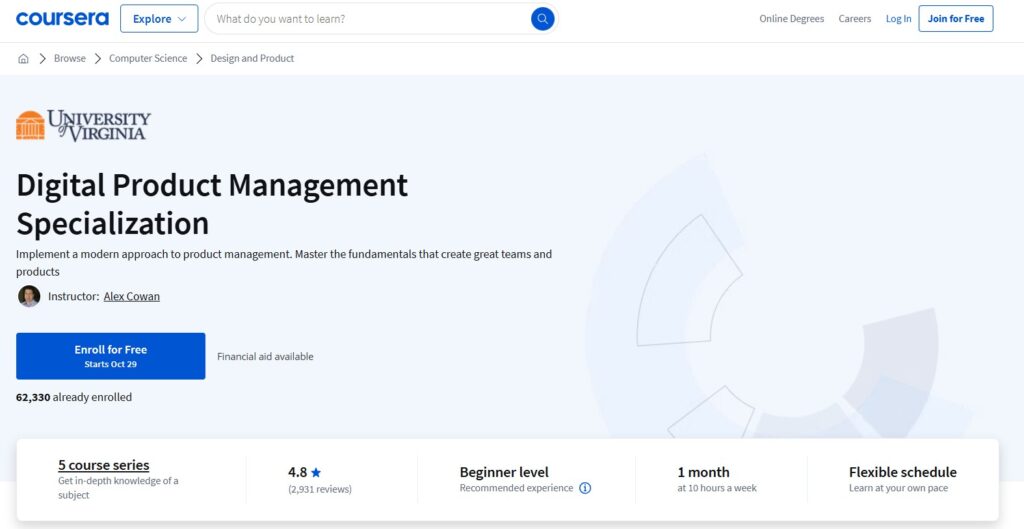 Digital Product Management Specialization course page screenshot