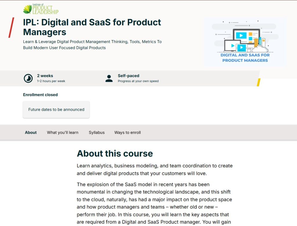 Landing page screenshot for Digital and SaaS for Product Managers course