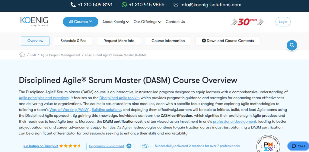 Website page screenshot of Disciplined Agile Scrum Master (DASM) Course
