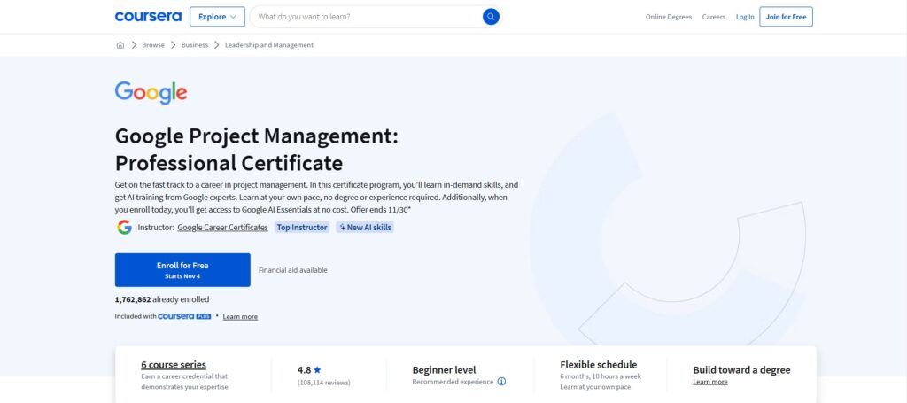Google Project Management: Professional Certificate overview