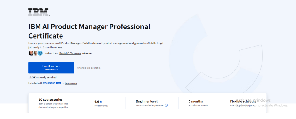 IBM AI Product Manager Professional Certificate landing page