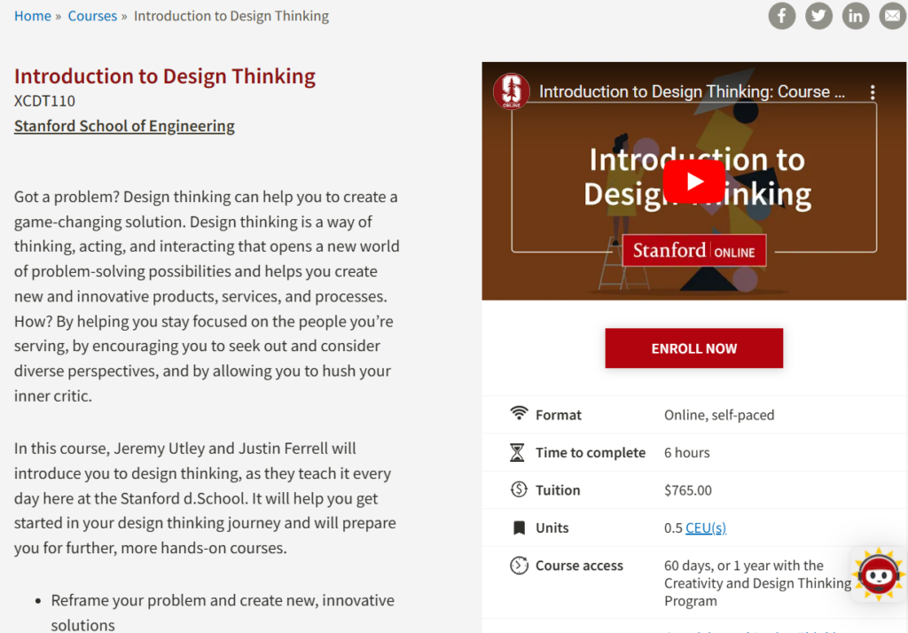 Course page screenshot of Introduction to Design Thinking-Stanford University