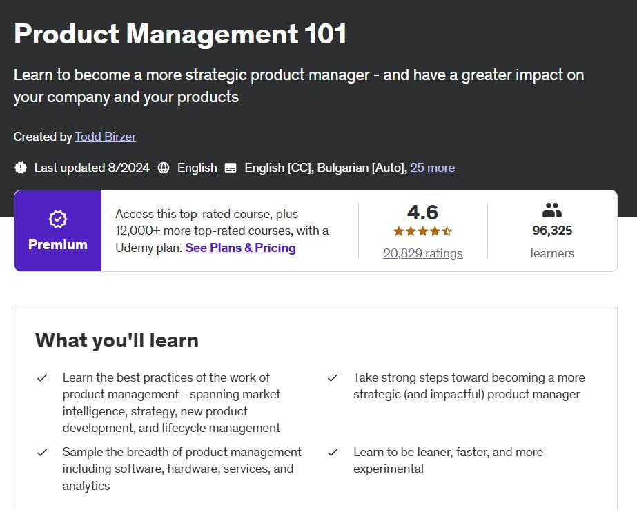 Visual overview of Product Management 101 course landing page