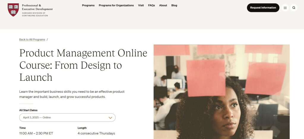 Landing page screenshot for Product Management Online Course: From Design to Launch course