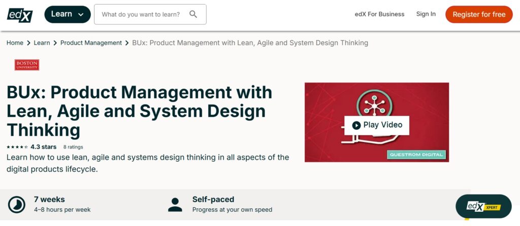 Landing page screenshot for Product Management with Lean, Agile and System Design Thinking course