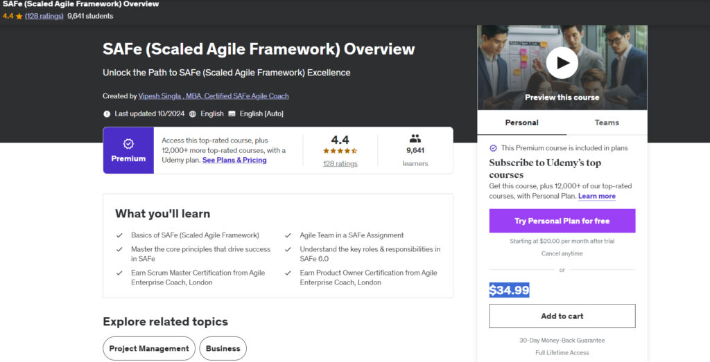 SAFe (Scaled Agile Framework) Overview course page screenshot