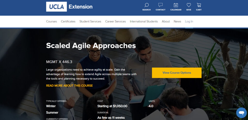Website screenshot of Scaled Agile Approaches course