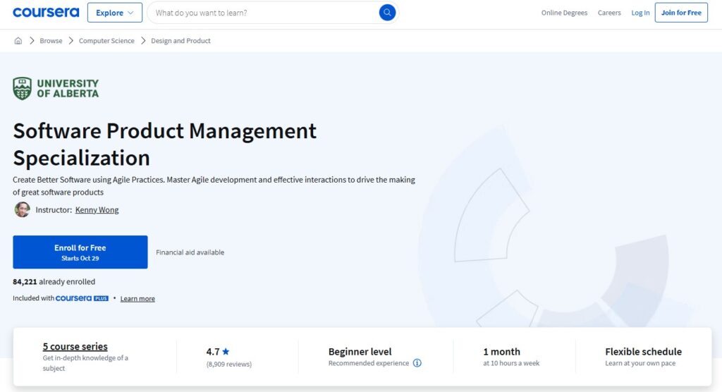 Software Product Management Specialization course landing page overview