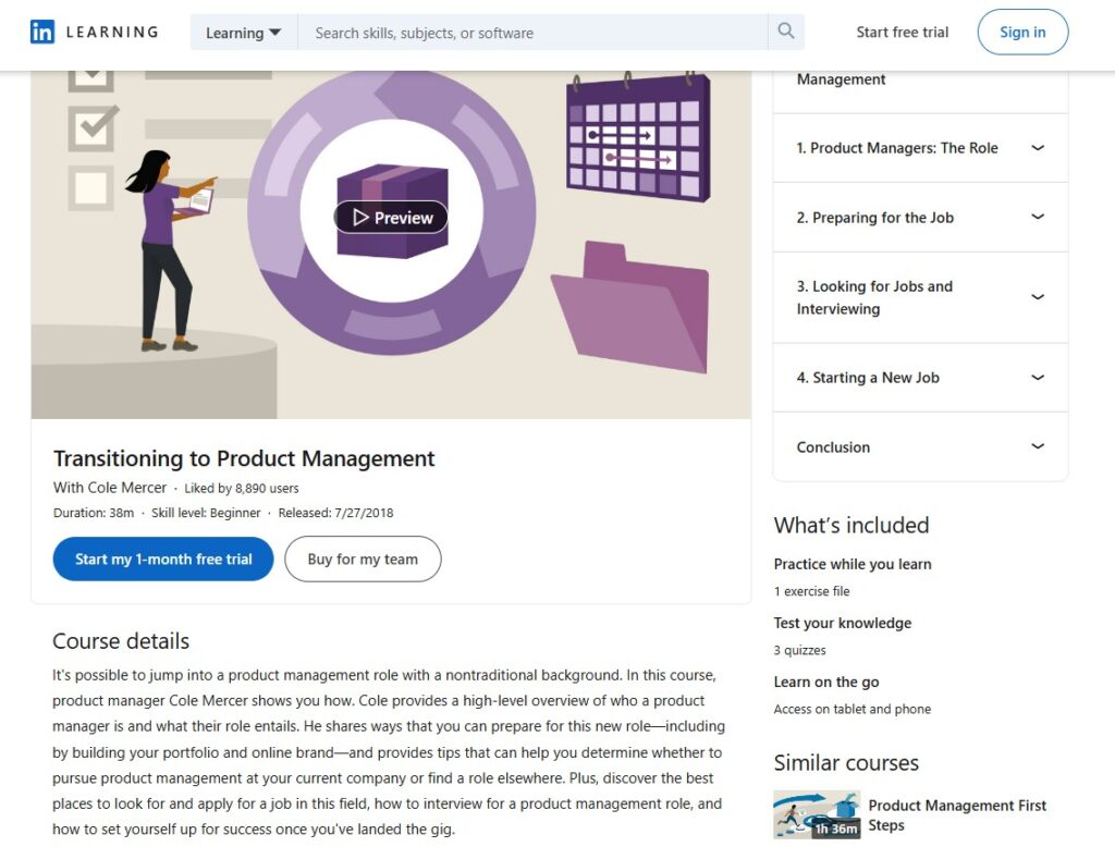 Landing page screenshot for Transitioning to Product Management course