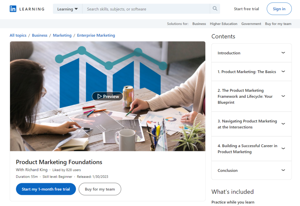 Screenshot of the Product Marketing Foundations course page