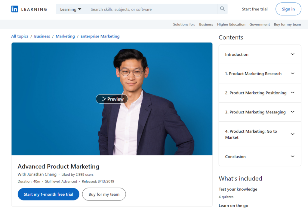Advanced Product Marketing course page screenshot