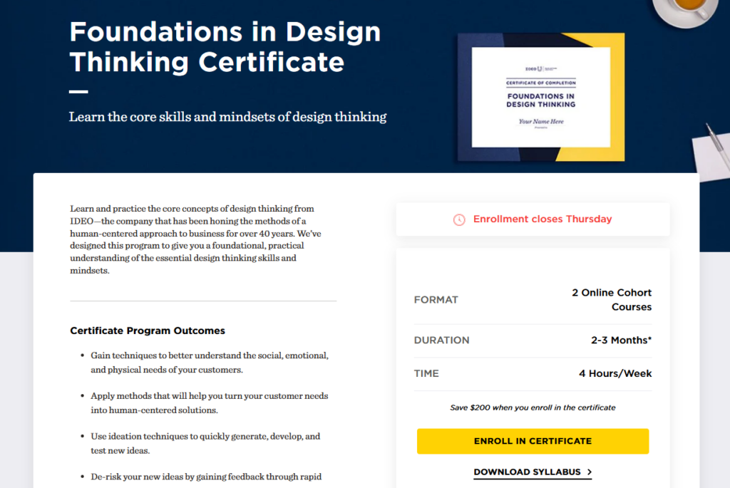 Foundations in Design Thinking Certificate course page screenshot