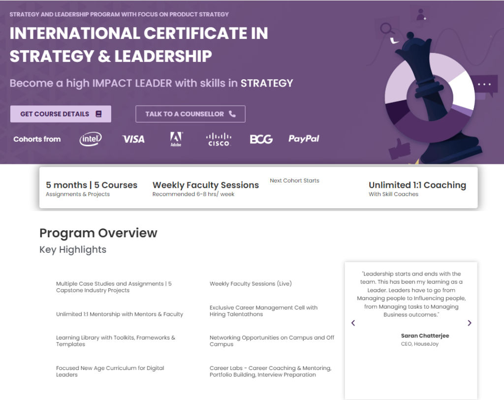 The Product Strategy & Leadership Certification Course page