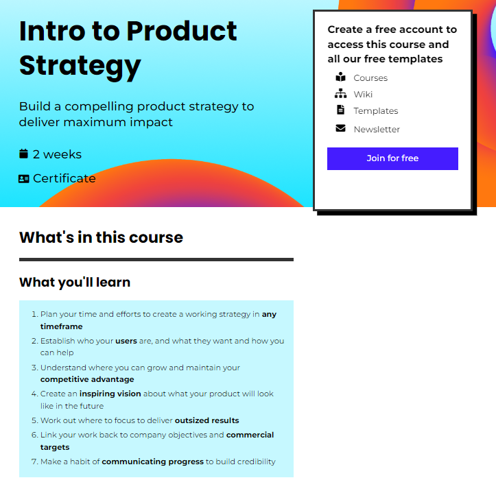 The Intro to Product Strategy course website page