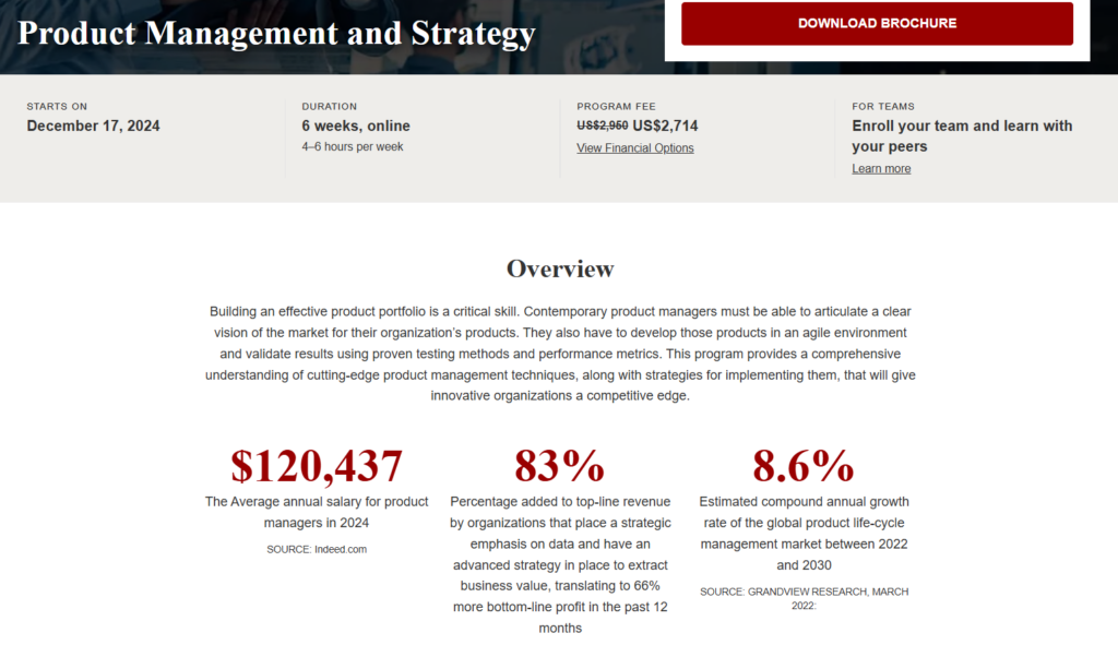 The Product Management and Strategy course overview page