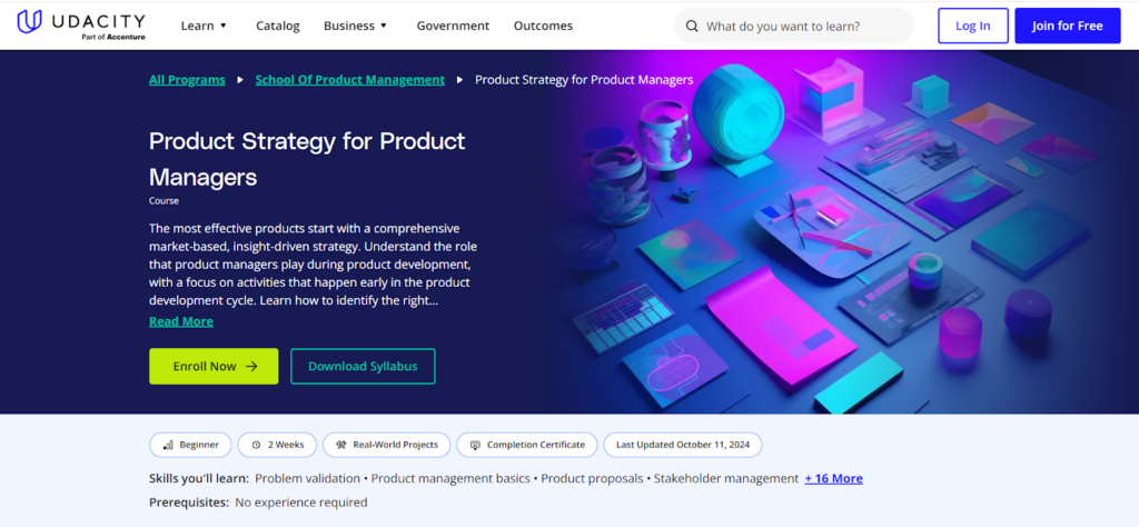The Product Strategy for Product Managers course enrollment page