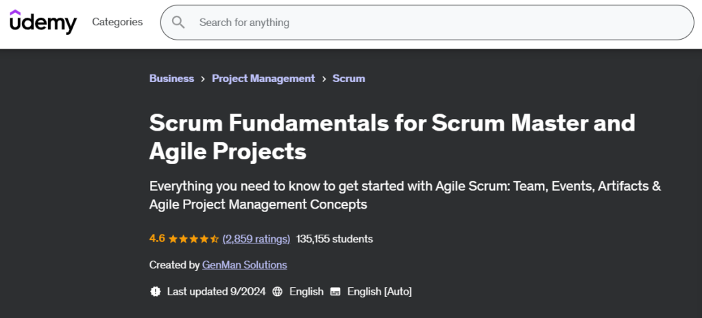 Screenshot of the Scrum Fundamentals for Scrum Master and Agile Projects page